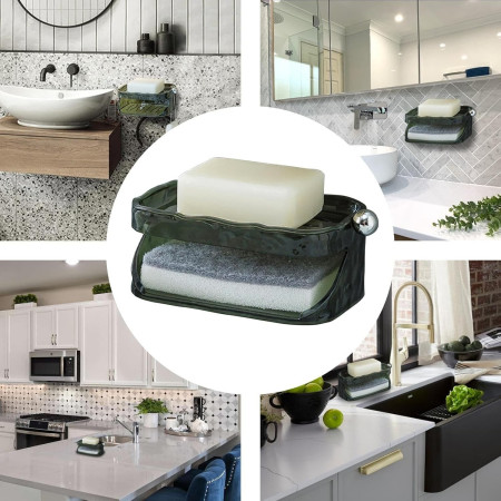 Savoniera Dubla,  2 Straturi, Instalare fara Perforare, Agatatoare Burete, 13.5 x 8.5 x 6 cm, Verde Inchis