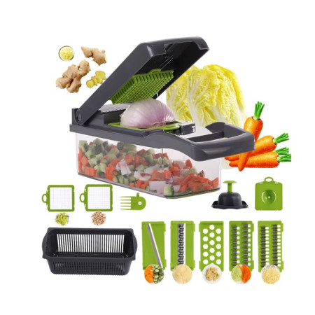 Feliator Multifunctional, Cyrax, Razatoare, 8 in 1, pentru Fructe si Legume, 10 Piese, Lame de Inox, Recipient Stocare, Separator Oua, Protectie Mana, ABS, 32.2x11.3 cm, Verde/Gri