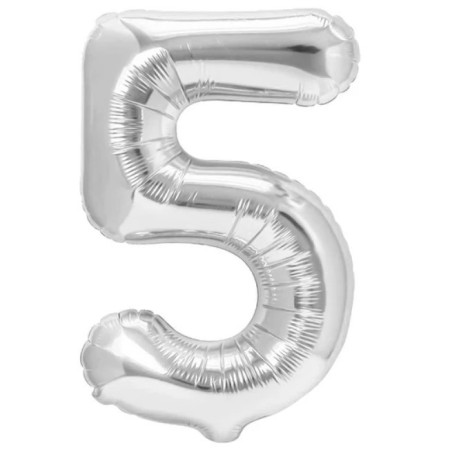 Balon din Folie Metalizata, Cyrax, Figurina Cifra, Tema Aniversare 100 cm, Ambalaj Individual, Pai inclus, Umflare cu Aer sau Heliu, Argintiu, Cifra 5