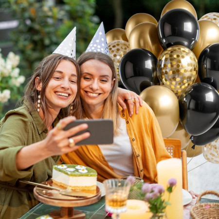 Set 16 Baloane din Latex, Cyrax, Model Party, 30 cm, Auriu, Negru, Confetti, 2.8 g