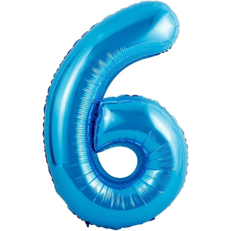 Balon din Folie Metalizata Cyrax, Figurina Cifra si Coroana, Tema Aniversare 100 cm, Ambalaj Individual, Pai inclus, Umflare cu Aer sau Heliu, Albastru, Cifra 6