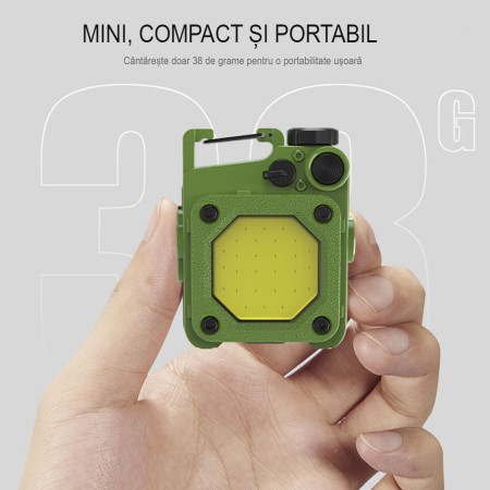 Lanterna Mini de Buzunar Tip Breloc,  Incarcare prin USB Type C, Multifunctionala, pentru Exterior, Camping, Alpinism, Ciclism, Mini Lanterna Elvis, 6.1 x 5 x 2.5 cm, Lumina Puternica, Culoare Verde