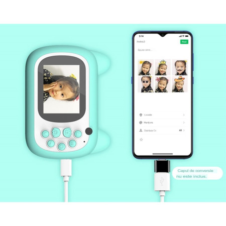 Camera Instantanee pentru Copii, Cyrax, Camera Frontala + Selfie, cu Functie de Printare, Cablu USB-C, Bluetooth, Compatibil iOS/Android, Imprimare APP, Model Pisica Smiley Face, Verde