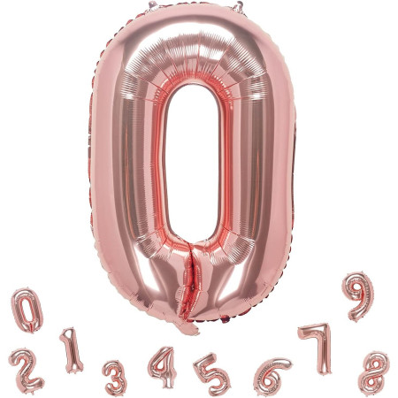 Balon din Folie Metalizata Cyrax, Figurina Cifra, Tema Aniversare 40 cm, Ambalaj Individual, Pai inclus, Umflare cu Aer sau Heliu, Rose Gold, Cifra 0