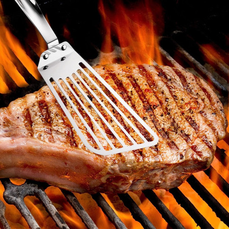 Spatula flexibila Cyrax, Fish Turner, din otel, durabila, cu margini subtiri pentru taiere, pentru carne, oua, peste, multifunctionala, argintiu