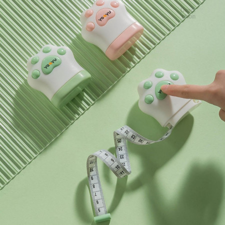 Ruleta Portabila,  Ruleta mini pentru Copii, Model Labuta de Pisica, cu Prindere, pentru Masurat Diametrul, 5.5 x 6.5 cm, Banda 1.5m, Verde