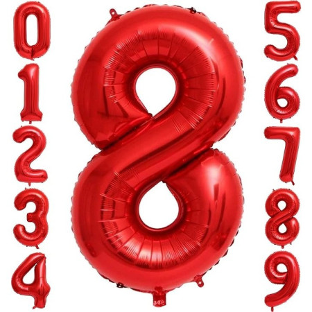 Balon din Folie Metalizata Cyrax, Figurina Cifra, Tema Aniversare 100 cm, Ambalaj Individual, Pai inclus, Umflare cu Aer sau Heliu, Rosu, Cifra 8
