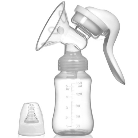 Pompa de San Manuala Multifunctionala, Cyrax, Portabila, cu Tetina pentru Biberon, Anti-Scurgere, Anti-Reflux, 18.5x6 cm, 150 mL, Silicon, Recipient Transparent, Alb