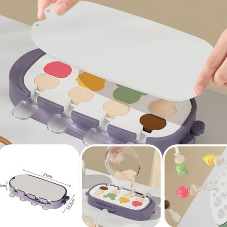 Forma pentru inghetata Cyrax, 4 compartimente, forme cu animalute, materialsilicon si ABS, 21 x 12.8 x 3cm, mov