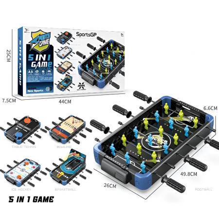 Masa de Joc 5in1  Cyrax, cu Teren Schimbabil de Fotbal, Basket, Bowling, Curling si Hockey, cu Tablou Scor, din ABS, 49.8x26x6.6 cm, Design Multicolor, pentru Copii/ Adulti