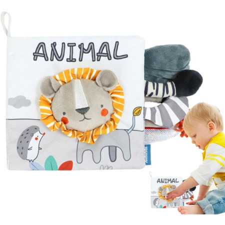 Carte Senzoriala, Cyrax, pentru Bebelusi, 15x16x6 cm, cu Animalute, 3D, Cu Sunete si Fosnete, 0-3 Ani, Model Leu, Gri