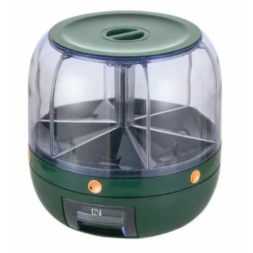 Dozator de cereale Cyrax, rotativ 360, 6 compartimente, capacitate 6 L, rezistent la umezeala, inchidere etansa, verde