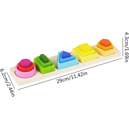 Jucarie Montessori din Lemn, Cyrax, Tip Puzzle, cu 5 Forme Asimetrice, 15 Piese, Educativa, Interactiva, Creativa, Model Forme Geometrice, Materiale Non Toxice, +2 Ani, 29x6.5 cm, Multicolor
