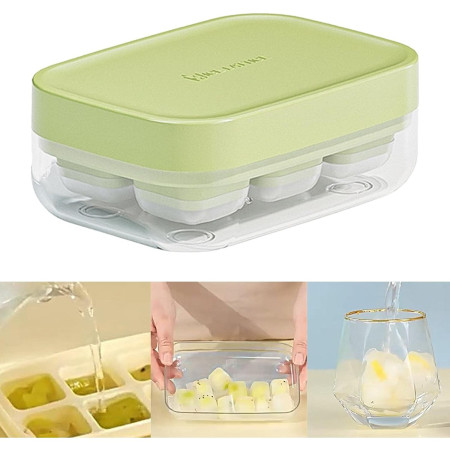 Forma pentru gheata cu presa Cyrax, din silicon alimentar, 6 cuburi, caserola pentru depozitare, usor de folosit si curatat, 10.5 x 7.5 x 4.1 cm, verde