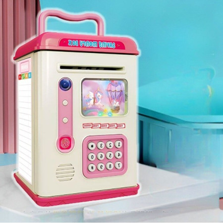 Set Pusculita pentru Copii, Cyrax, Tip ATM, Parola cu Amprenta, 13.5 x 11.5 x 20 cm, Roz