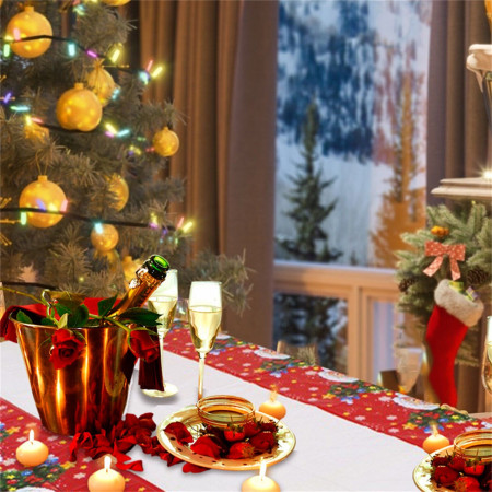 Fata de masa dreptunghiulara  PVC, 2.5 mm grosime, imprimeu Mos Craciun cu iepuras, potrivit pentru Craciun, utilizare multipla, 180 x 108 cm, alb