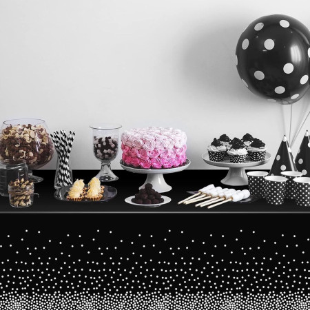 Fata de Masa, Cyrax, din PEVA, Imprimeu Buline Argintii, 137 x 274 cm, Impermeabila, Fara Pete, Curatare Rapida, Negru