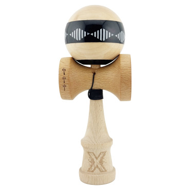 Kendama X FREQUENCY Originala, Profesionala, Cyrax, Big Cups V2, Super Sticky cu Cupe Mari, Rulment Metalic, din lemn 18 cm, Ata 55 cm, Negru/Maro