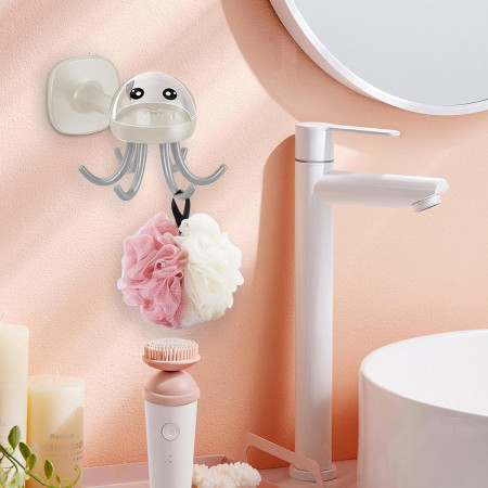 Suport Cuier pentru Perete,  Model Caracatita, Adeziv, 10 x 8.5 cm, 6 Brate, Crem