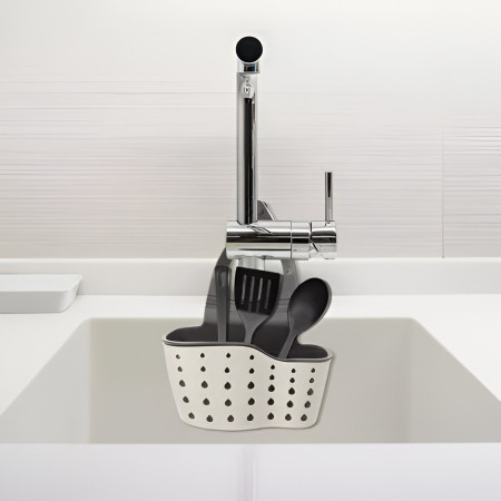 Suport Scurgere pentru Burete si Laveta de Vase Bucatarie, Cyrax, Bej, Curea Reglabila, Plastic Flexibil, 15x 5x 20cm