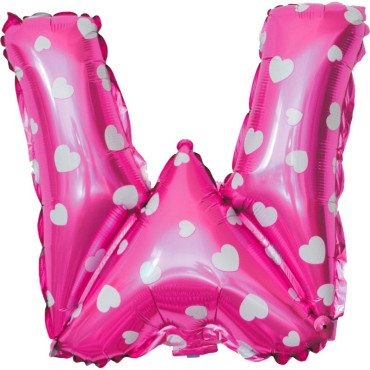 Balon Folie Metalizata Litera W, Cyrax, 40 cm, Cu Imprimeu Inimioare, Umflati cu Heliu sau Aer, Ambalaj Individual, Pai inclus, Roz