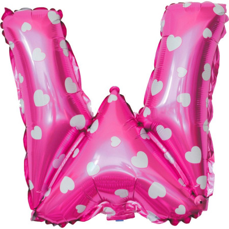 Balon Folie Metalizata Litera W, Cyrax, 40 cm, Cu Imprimeu Inimioare, Umflati cu Heliu sau Aer, Ambalaj Individual, Pai inclus, Roz