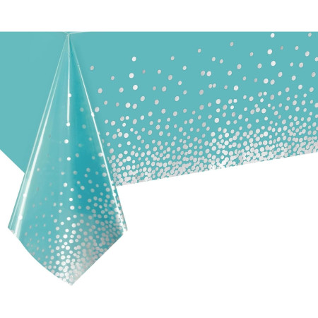 Fata de Masa, Cyrax, din PEVA, Imprimeu Buline Argintii, 137 x 274 cm, Impermeabila, Fara Pete, Curatare Rapida, Albastru