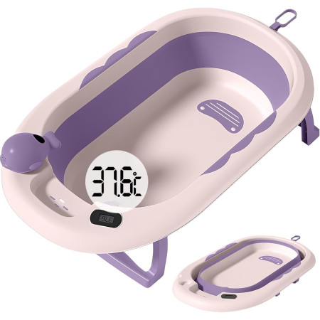 Cada de Baie, Cyrax, pentru Copii 0 luni - 6 Ani, cu Termometru, Pliabila, Perna Suport Inclusa, din Plastic, 81.5 x 49 x 21.5 cm, Mov