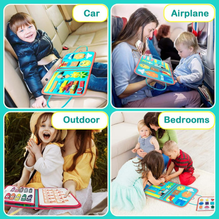 Carte Senzoriala Educativa Montessori, Cyrax, cu Activitati, Dezvoltare Abilitati Motorii, 4 Pagini, Model Spatiu Cosmic, 28x22x7 cm, Albastru