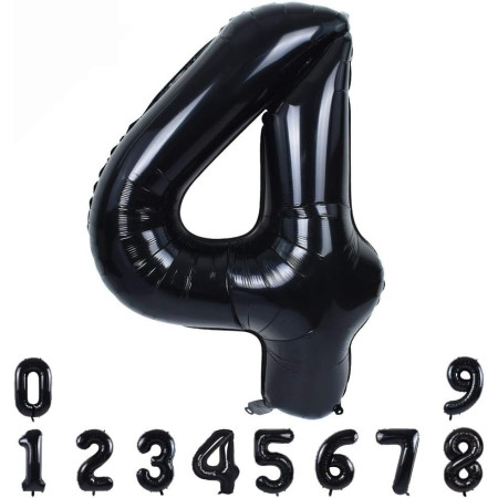 Balon din Folie Metalizata, Cyrax, Figurina Cifra, Tema Aniversare 100 cm, Ambalaj Individual, Pai inclus, Umflare cu Aer sau Heliu, Negru, Cifra 4