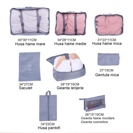 Set 8 huse organizare bagaj  material poliester, impermeabil, cu fermoar, pentru calatorii sau dulap, sac pentru pantofi inclus, pliabil, gri
