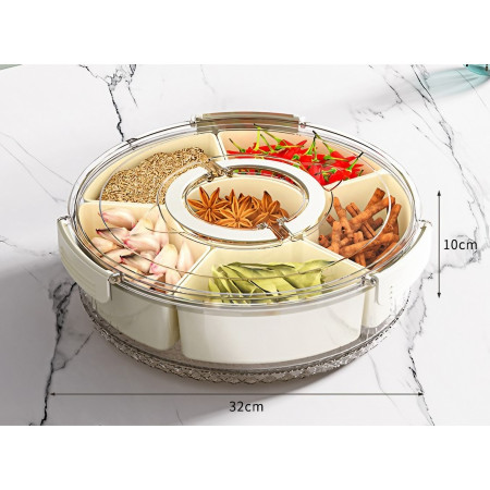 Cutie de Depozitare pentru Alimente, Cyrax, cu 6 Compartimente, pentru Condimente, Fructe, Legume, cu Manere de Prindere, Rotativa 360 de Grade, Inchidere Ermetica, 32x10 cm, Alba