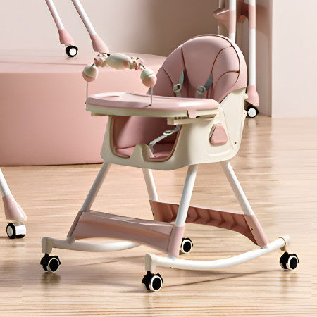 Scaun de Masa pentru Bebelusi si Copii, Cyrax, 2 Tavite cu Jucarii si Husa Detasabile, Multifuncțional, Stabil, Centura de Siguranta, Spatar Reglabil Moale, Balansoar, Cos de Depozitare, de la 6 Luni, 97x73x65cm, Roz