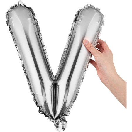 Balon Folie Metalizata Litera V, Cyrax, 40 cm, Umflati cu Heliu sau Aer, Ambalaj Individual, Pai inclus, Argintiu