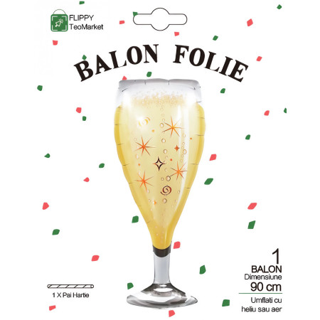 Balon din Folie Metalizata, Cyrax, Figurina Pahar de Sampanie, Tema Aniversare, 100x40 cm, Ambalaj Individual, Pai Inclus, Umflare cu Aer sau Heliu, Auriu