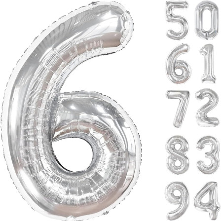 Balon din Folie Metalizata, Cyrax, Figurina Cifra, Tema Aniversare 100 cm, Ambalaj Individual, Pai inclus, Umflare cu Aer sau Heliu, Argintiu, Cifra 6