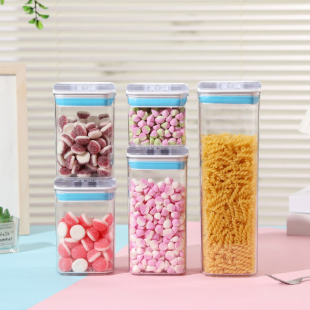 Cutii de Depozitare Alimente, Cyrax, Set din 5 Cutii de tip Container, 1x0.5 l, 2x0.8 l, 1x1.2 l, 1x1.9 l, Recipiente pentru Cereale in Bucatarie,  Transparente cu Capac Albastru-Alb