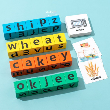 Joc cu Blocuri din Lemn, Cyrax, Formare Cuvinte, Cartonase cu Obiecte si Animale, Clopotel, Joc pentru 4 Persoane, 3 Ani+, 28x15.5x5 cm, Multicolor