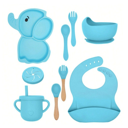 Set 10 Piese Servire Masa. Cyrax, pentru Bebelusi si Copii, din Silicon/Lemn, cu Ventuze Anti-alunecare, fara Alergeni. +6 Luni, Model Elefant, Albastru