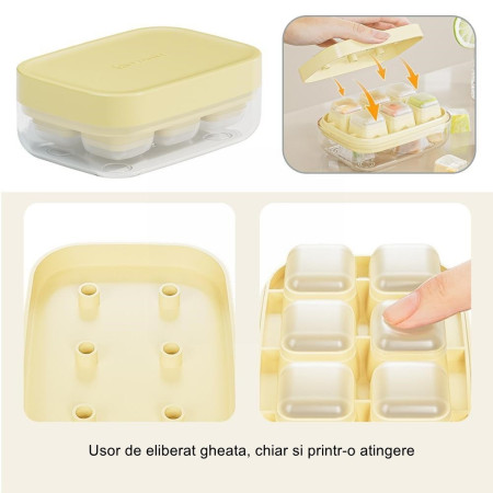 Forma pentru gheata cu presa Cyrax, din silicon alimentar, 6 cuburi, caserola pentru depozitare, usor de folosit si curatat, 10.5 x 7.5 x 4.1 cm, galben
