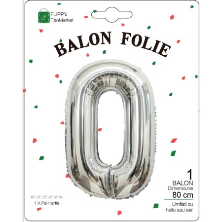 Balon din Folie Metalizata, Cyrax, Figurina Cifra, Tema Aniversare 80 cm, Ambalaj Individual, Pai inclus, Umflare cu Aer sau Heliu, Argintiu, Cifra 0