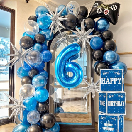 Balon din Folie Metalizata Cyrax, Figurina Cifra, Tema Aniversare 80 cm, Ambalaj Individual, Pai inclus, Umflare cu Aer sau Heliu, Albastru, Cifra 6