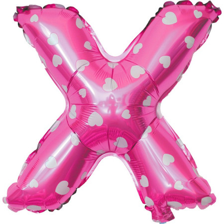 Balon Folie Metalizata Litera X, Cyrax, 40 cm, Cu Imprimeu Inimioare, Umflati cu Heliu sau Aer, Ambalaj Individual, Pai inclus, Roz