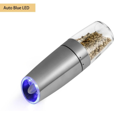 Rasnita Electrica Sare si Piper, Cyrax, cu Camera Depozitare Transparenta, Macinare, Functionare pe Baterii, cu Lumina, ABS, 20x6.5 cm, Argintiu/Transparent