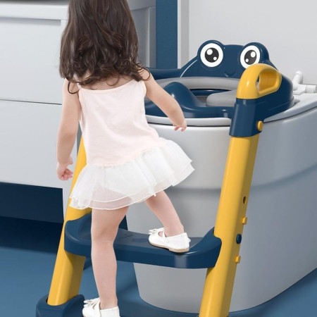 Reductor si Scaunel Inaltator WC, Cyrax, pentru Copii 1 - 7 Ani, 2 Trepte Reglabile, Pliabil, Colac Moale, cu Spatar si Manere, Inaltime 54/58 cm x 39.5 x 35 cm, din Plastic+PVC, Albastru/Portocaliu