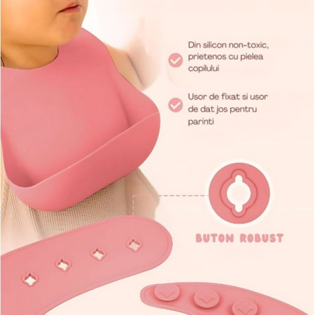 Set 10 Piese Servire Masa. Cyrax, pentru Bebelusi si Copii, din Silicon/Lemn, cu Ventuze Anti-alunecare, fara Alergeni. +6 Luni, Model Elefant, Roz