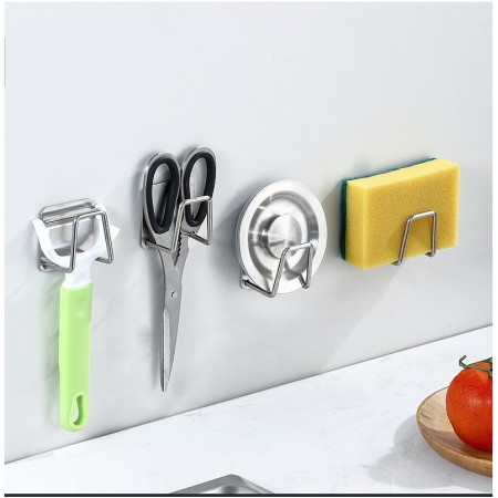 Organizator bucatarie Cyrax cu adeziv, carlig-suport pentru burete, accesorii bucatarie, 5x5x3,5 cm, otel inoxidabil, gri