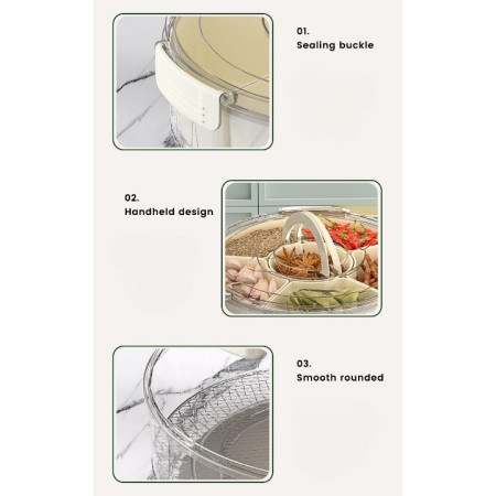 Cutie de Depozitare pentru Alimente, Cyrax, cu 6 Compartimente, pentru Condimente, Fructe, Legume, cu Manere de Prindere, Rotativa 360 de Grade, Inchidere Ermetica, 32x8 cm, Alba