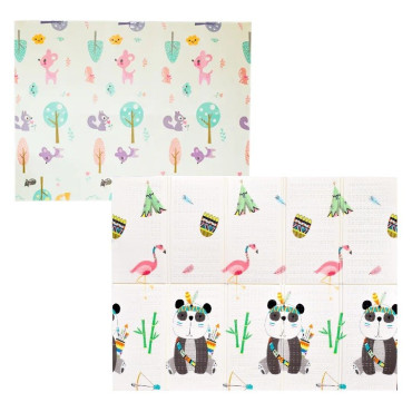 Covoras pentru Copii, Cyrax, cu 2 Fete, Model Caprioare/Panda, din XPE+PE, Impermeabil, Antiderapant, Protectie Termica, +3 Luni, Pliabil, 150 x 200 x 1 cm, Multicolor