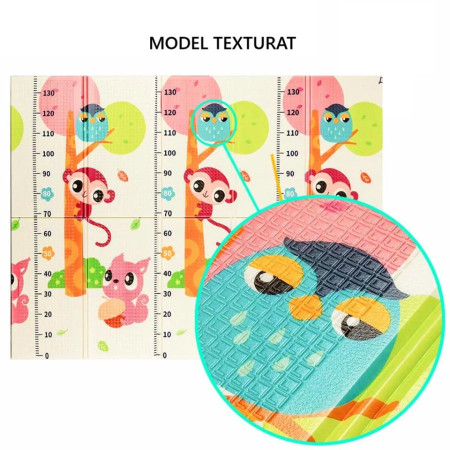 Covoras pentru Copii, Cyrax, cu 2 Fete, Model Maimute/Indieni, din XPE+PE, Impermeabil, Antiderapant, Protectie Termica, +3 Luni, Pliabil, 150 x 200 x 1 cm, Multicolor